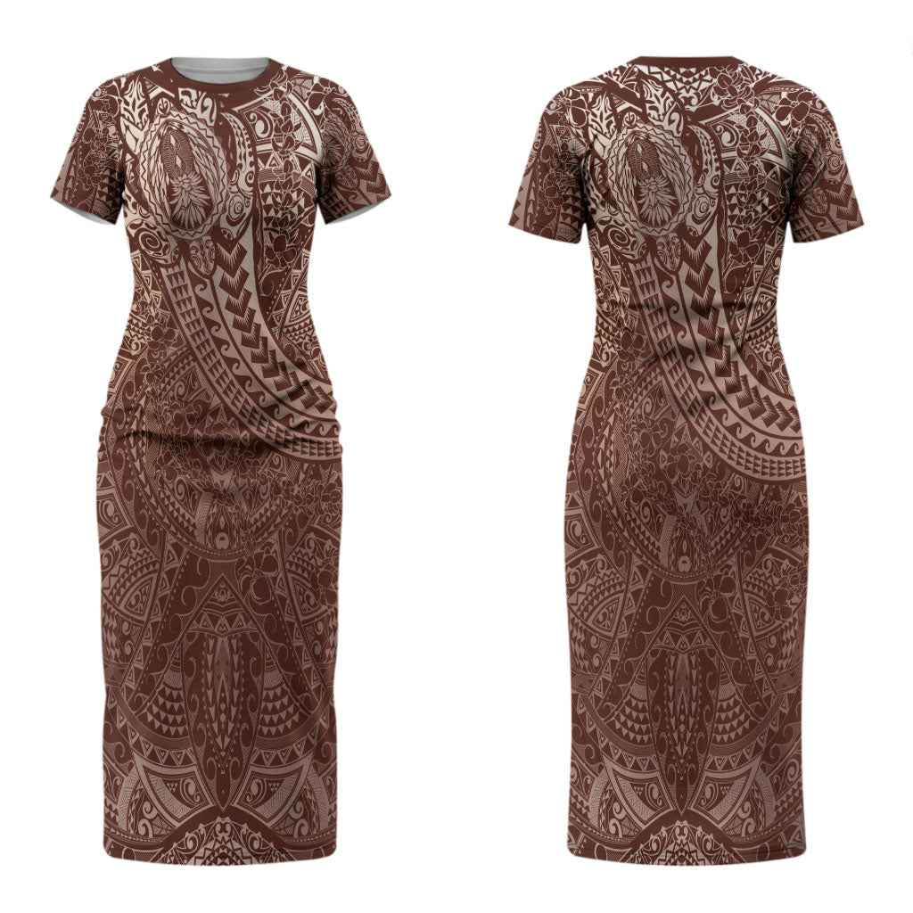 Hawaiian Turtles and Leis Couples Matching Short Sleeve Bodycon Dress and Hawaiian Shirt Tribal Kakau Pattern Mocha Mousse Color LT03 - Polynesian Pride