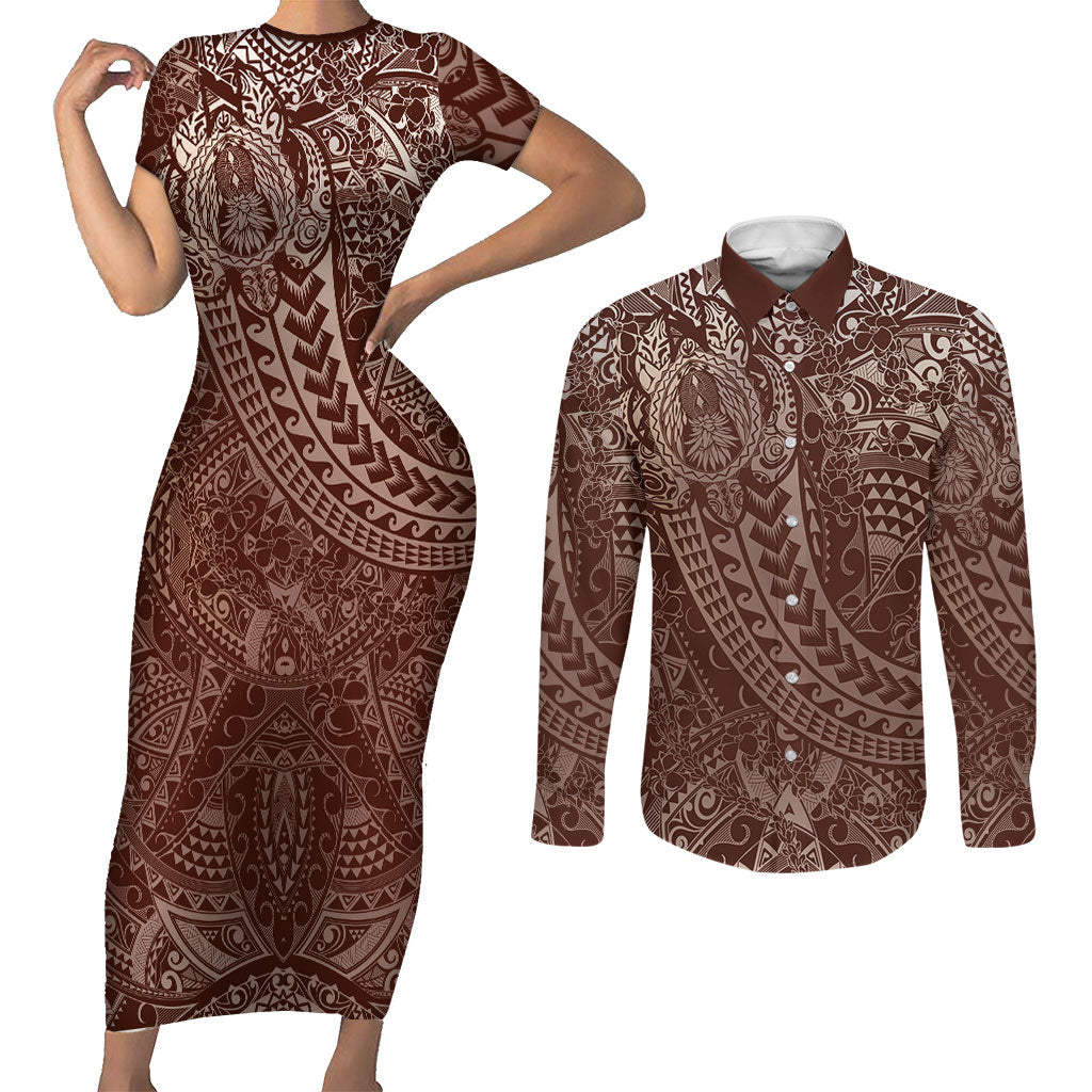 Hawaiian Turtles and Leis Couples Matching Short Sleeve Bodycon Dress and Long Sleeve Button Shirt Tribal Kakau Pattern Mocha Mousse Color LT03 Mocha Mousse - Polynesian Pride