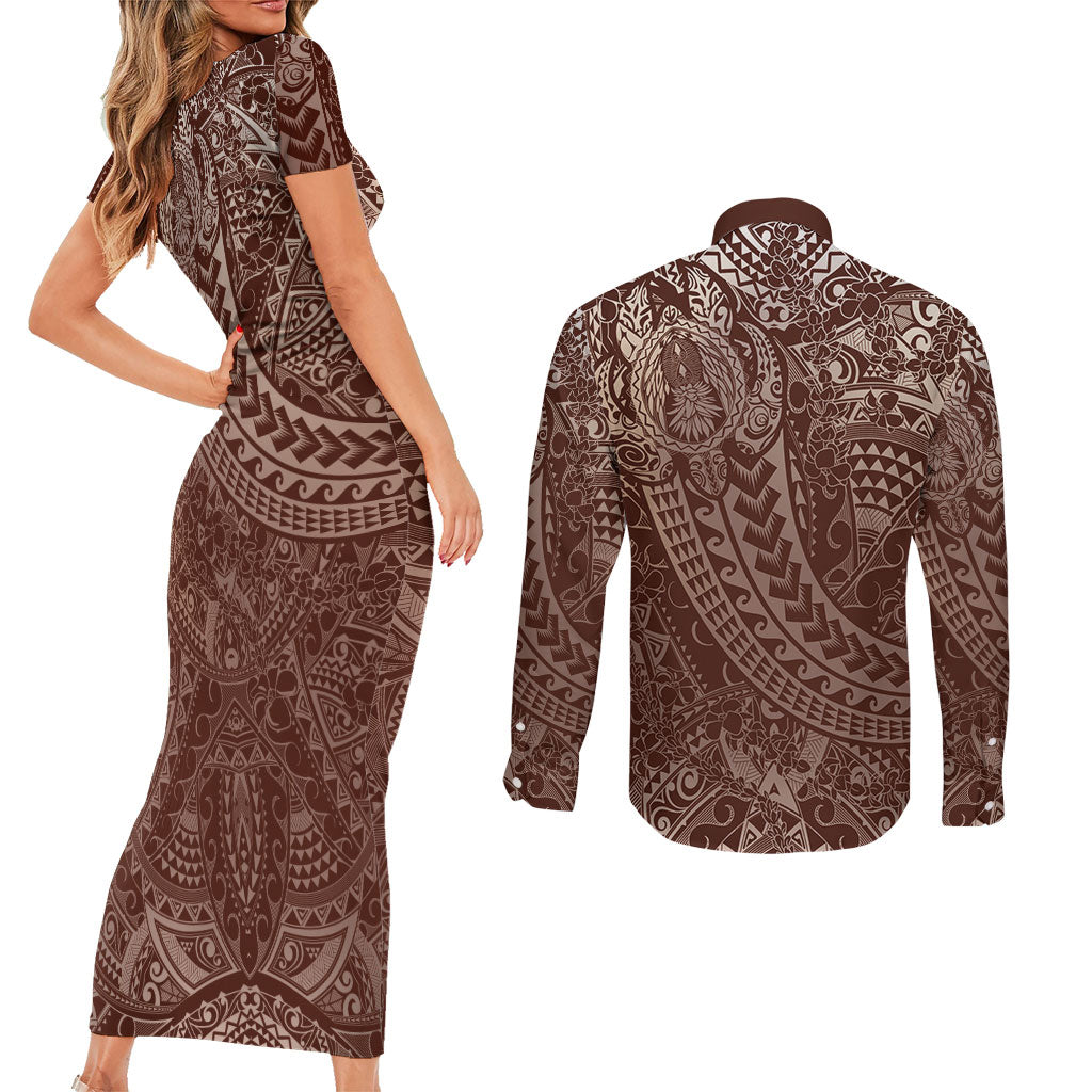 Hawaiian Turtles and Leis Couples Matching Short Sleeve Bodycon Dress and Long Sleeve Button Shirt Tribal Kakau Pattern Mocha Mousse Color LT03 - Polynesian Pride