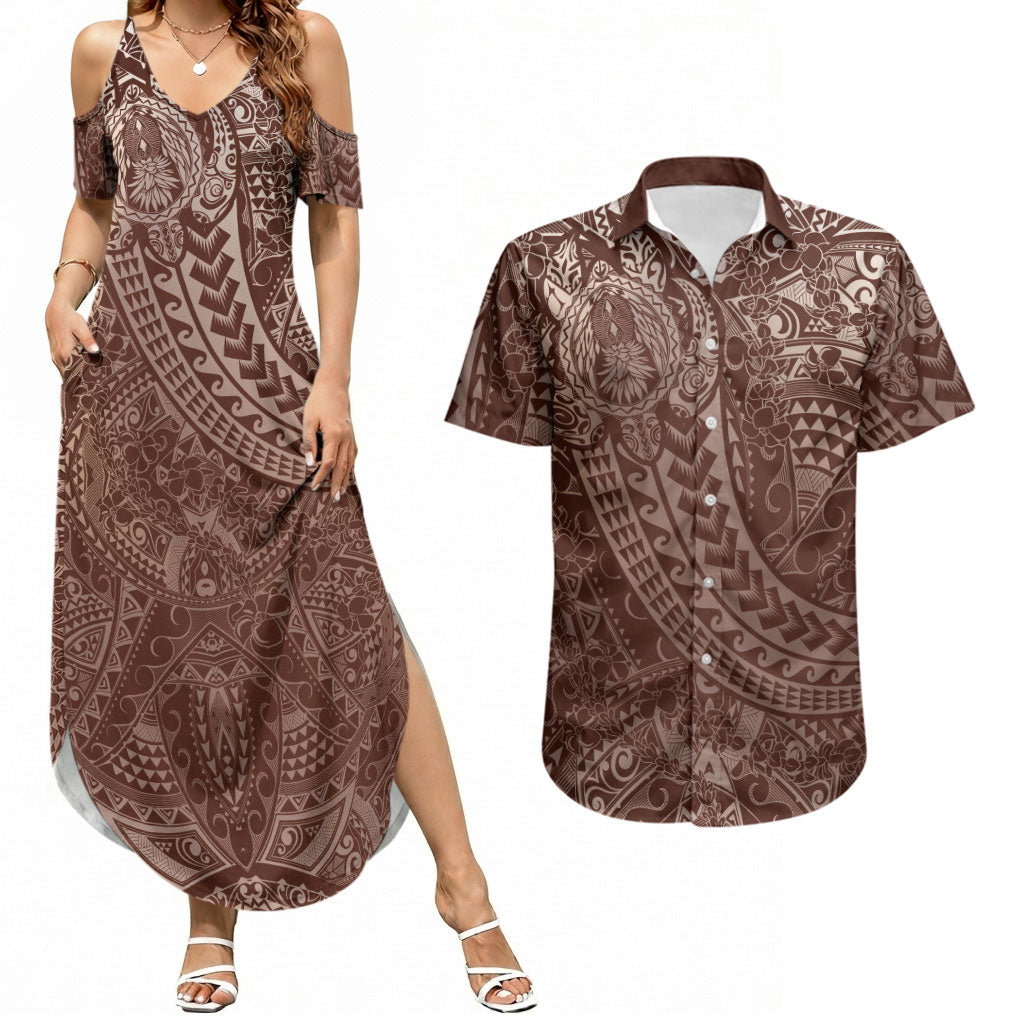 Hawaiian Turtles and Leis Couples Matching Summer Maxi Dress and Hawaiian Shirt Tribal Kakau Pattern Mocha Mousse Color LT03 Mocha Mousse - Polynesian Pride