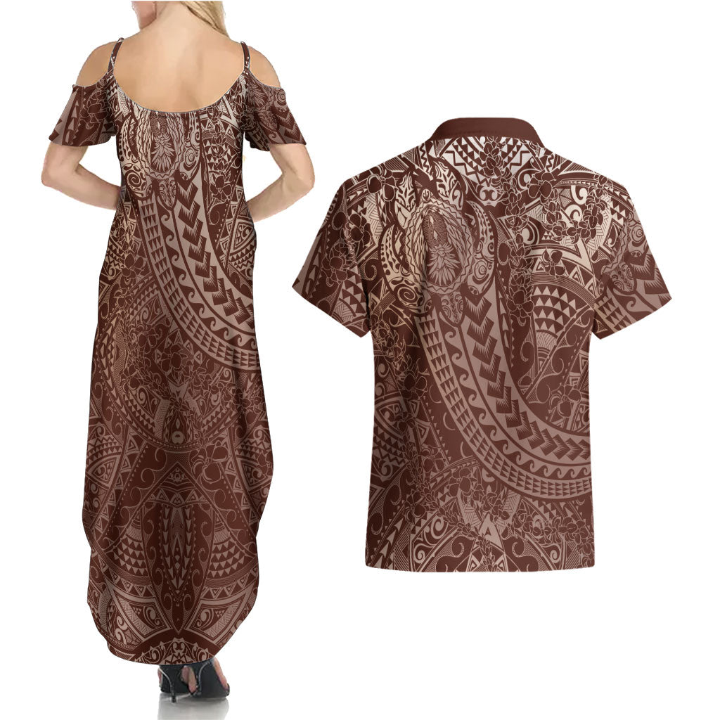 Hawaiian Turtles and Leis Couples Matching Summer Maxi Dress and Hawaiian Shirt Tribal Kakau Pattern Mocha Mousse Color LT03 - Polynesian Pride