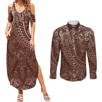 Hawaiian Turtles and Leis Couples Matching Summer Maxi Dress and Long Sleeve Button Shirt Tribal Kakau Pattern Mocha Mousse Color LT03 Mocha Mousse - Polynesian Pride
