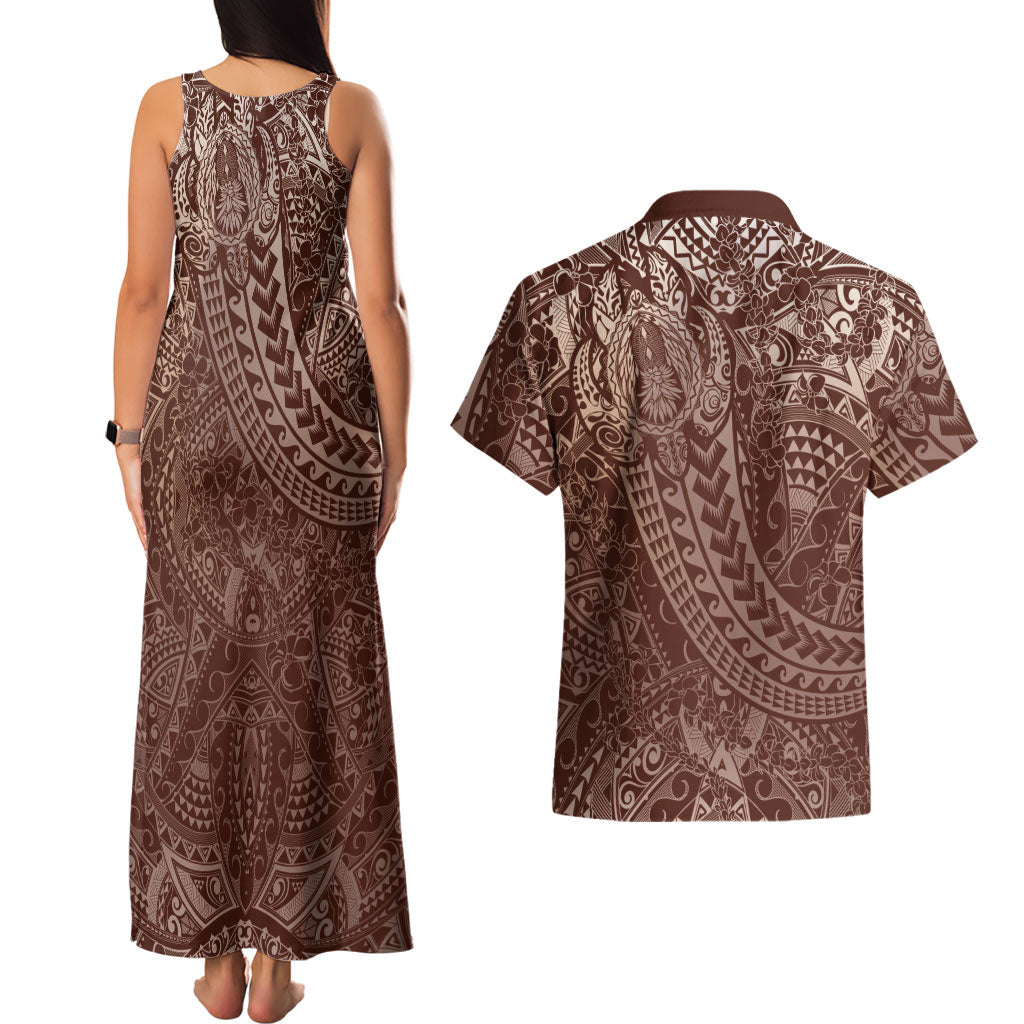 Hawaiian Turtles and Leis Couples Matching Tank Maxi Dress and Hawaiian Shirt Tribal Kakau Pattern Mocha Mousse Color LT03 - Polynesian Pride