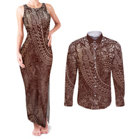 Hawaiian Turtles and Leis Couples Matching Tank Maxi Dress and Long Sleeve Button Shirt Tribal Kakau Pattern Mocha Mousse Color LT03 Mocha Mousse - Polynesian Pride
