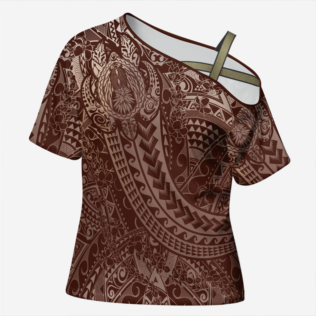Hawaiian Turtles and Leis Cross Shoulder Shirt Tribal Kakau Pattern Mocha Mousse Color LT03 Female Mocha Mousse - Polynesian Pride