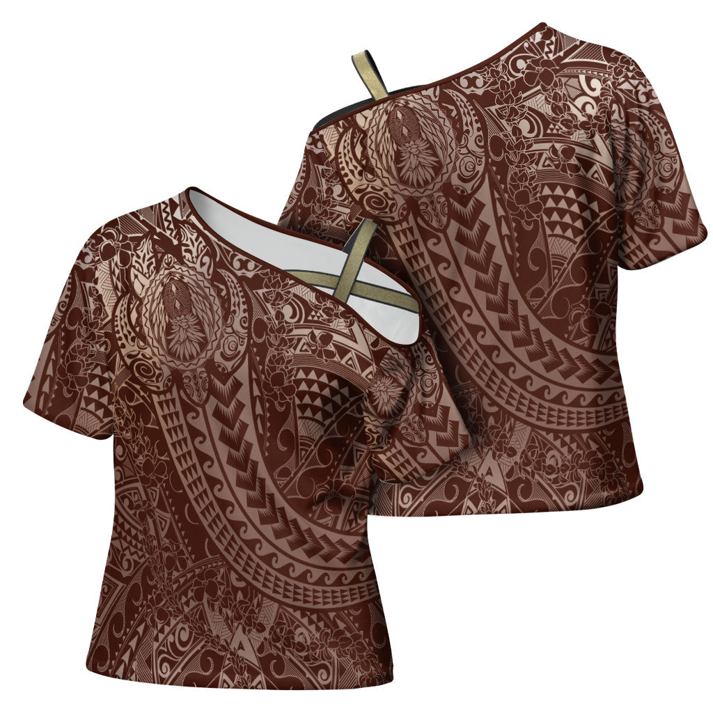 Hawaiian Turtles and Leis Cross Shoulder Shirt Tribal Kakau Pattern Mocha Mousse Color LT03 - Polynesian Pride