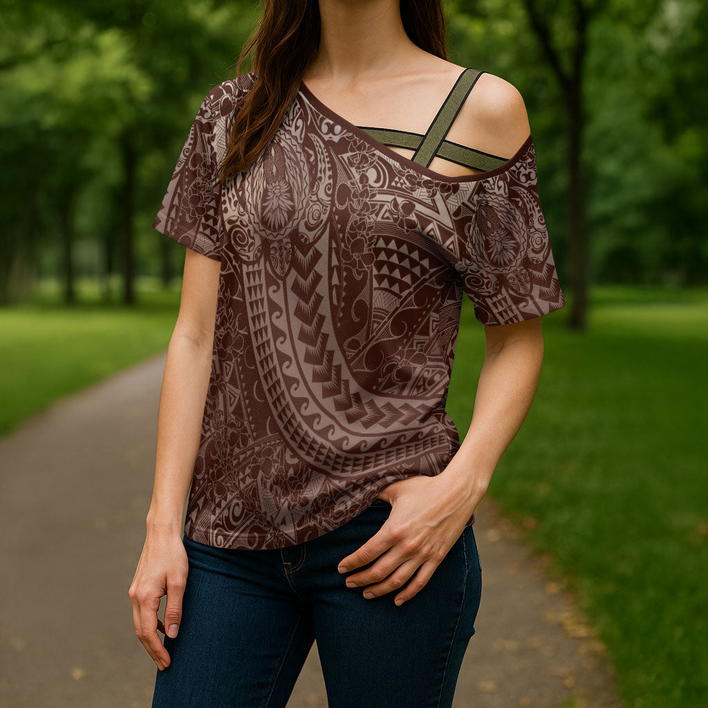 Hawaiian Turtles and Leis Cross Shoulder Shirt Tribal Kakau Pattern Mocha Mousse Color LT03 - Polynesian Pride