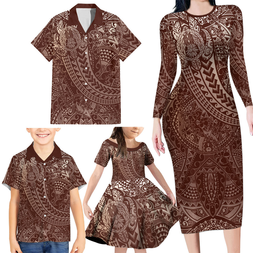 Hawaiian Turtles and Leis Family Matching Long Sleeve Bodycon Dress and Hawaiian Shirt Tribal Kakau Pattern Mocha Mousse Color LT03 - Polynesian Pride