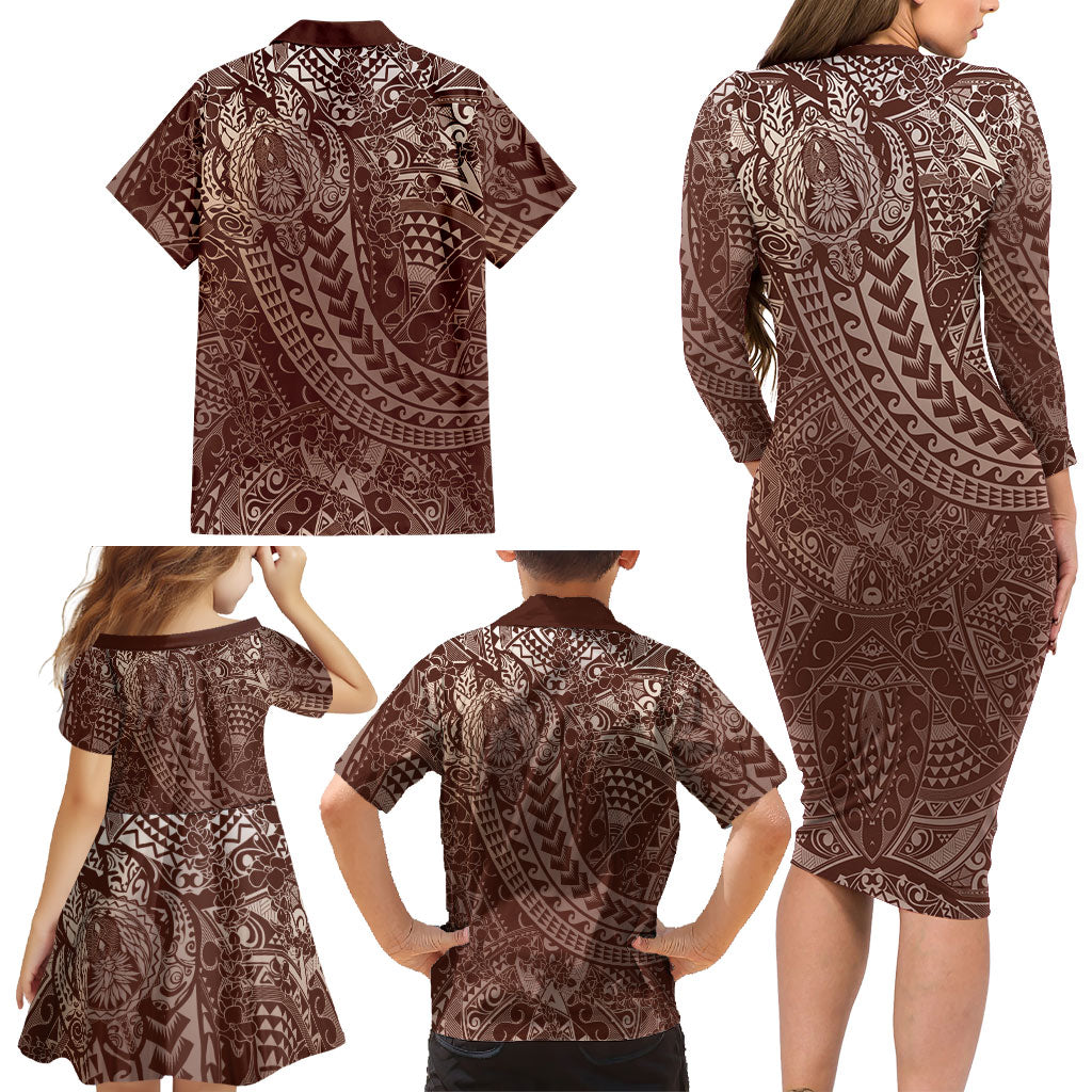 Hawaiian Turtles and Leis Family Matching Long Sleeve Bodycon Dress and Hawaiian Shirt Tribal Kakau Pattern Mocha Mousse Color LT03 - Polynesian Pride