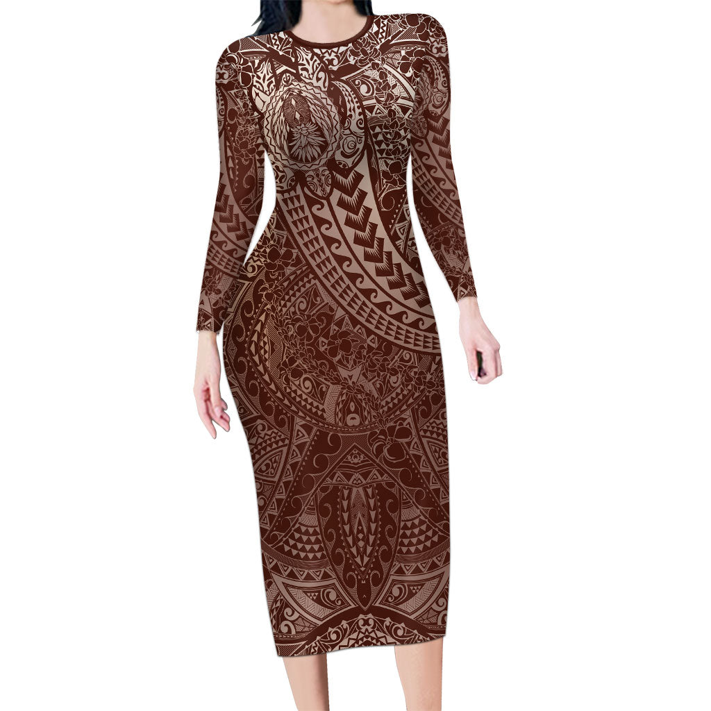 Hawaiian Turtles and Leis Family Matching Long Sleeve Bodycon Dress and Hawaiian Shirt Tribal Kakau Pattern Mocha Mousse Color LT03 Mom's Dress Mocha Mousse - Polynesian Pride