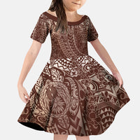 Hawaiian Turtles and Leis Family Matching Mermaid Dress and Hawaiian Shirt Tribal Kakau Pattern Mocha Mousse Color LT03 Daughter's Dress Mocha Mousse - Polynesian Pride