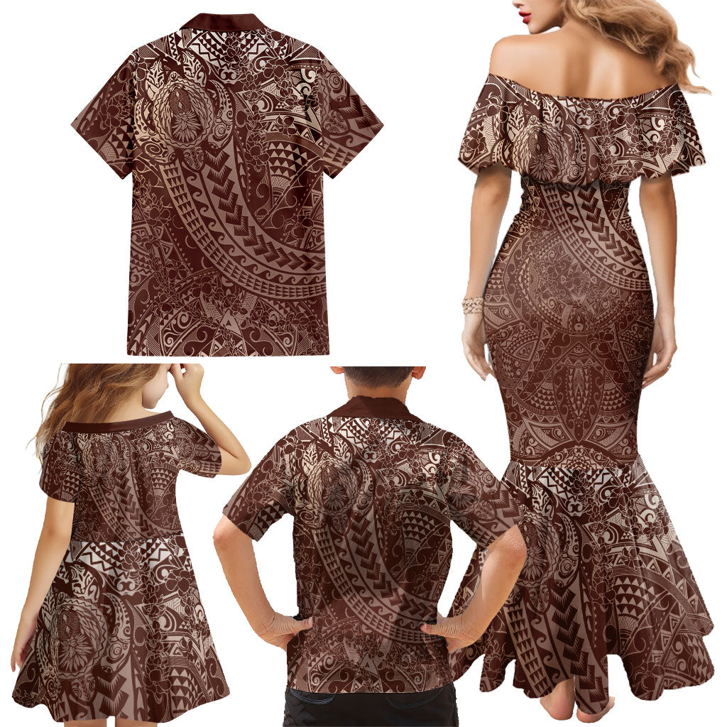 Hawaiian Turtles and Leis Family Matching Mermaid Dress and Hawaiian Shirt Tribal Kakau Pattern Mocha Mousse Color LT03 - Polynesian Pride