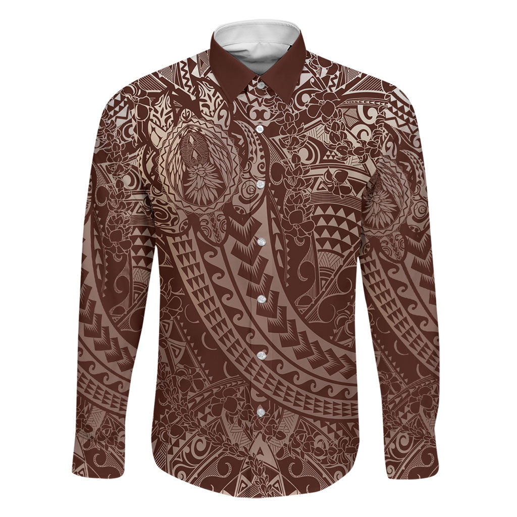 Hawaiian Turtles and Leis Family Matching Mermaid Dress and Hawaiian Shirt Tribal Kakau Pattern Mocha Mousse Color LT03 Dad's Shirt - Long Sleeve Mocha Mousse - Polynesian Pride