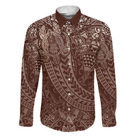 Hawaiian Turtles and Leis Family Matching Mermaid Dress and Hawaiian Shirt Tribal Kakau Pattern Mocha Mousse Color LT03 Dad's Shirt - Long Sleeve Mocha Mousse - Polynesian Pride