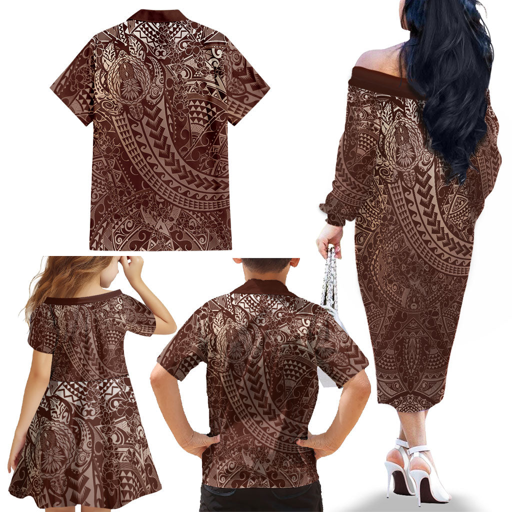 Hawaiian Turtles and Leis Family Matching Off The Shoulder Long Sleeve Dress and Hawaiian Shirt Tribal Kakau Pattern Mocha Mousse Color LT03 - Polynesian Pride