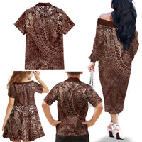 Hawaiian Turtles and Leis Family Matching Off The Shoulder Long Sleeve Dress and Hawaiian Shirt Tribal Kakau Pattern Mocha Mousse Color LT03 - Polynesian Pride