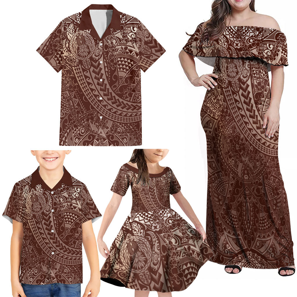 Hawaiian Turtles and Leis Family Matching Off Shoulder Maxi Dress and Hawaiian Shirt Tribal Kakau Pattern Mocha Mousse Color LT03 - Polynesian Pride