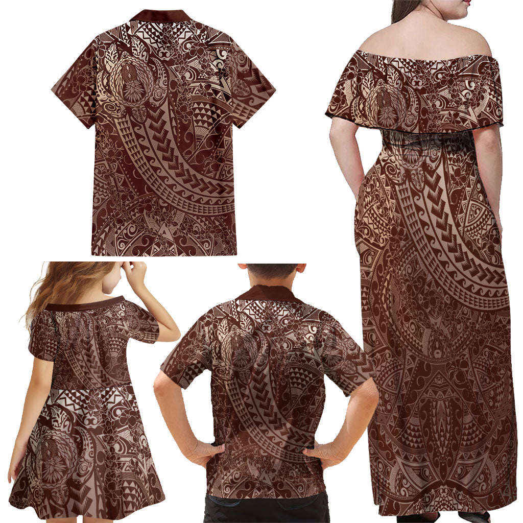 Hawaiian Turtles and Leis Family Matching Off Shoulder Maxi Dress and Hawaiian Shirt Tribal Kakau Pattern Mocha Mousse Color LT03 - Polynesian Pride