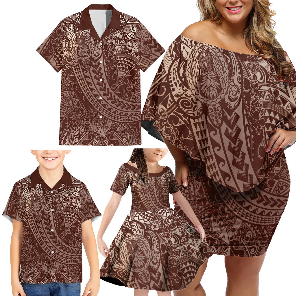 Hawaiian Turtles and Leis Family Matching Off Shoulder Short Dress and Hawaiian Shirt Tribal Kakau Pattern Mocha Mousse Color LT03 - Polynesian Pride