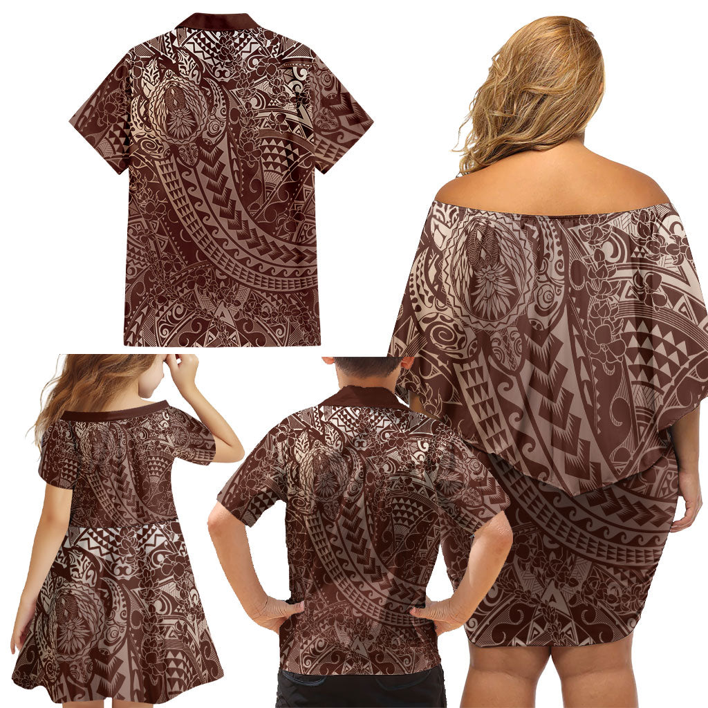 Hawaiian Turtles and Leis Family Matching Off Shoulder Short Dress and Hawaiian Shirt Tribal Kakau Pattern Mocha Mousse Color LT03 - Polynesian Pride