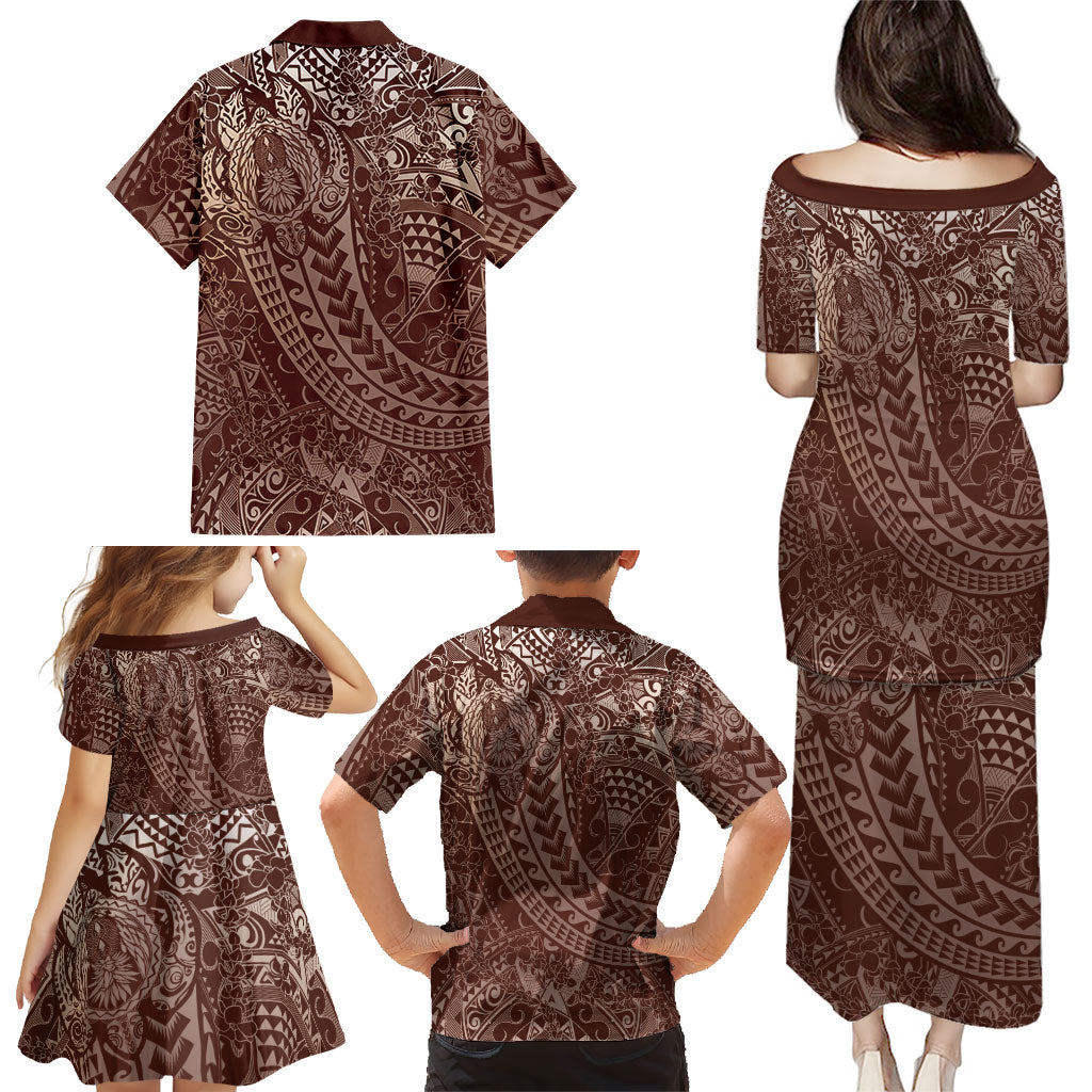 Hawaiian Turtles and Leis Family Matching Puletasi and Hawaiian Shirt Tribal Kakau Pattern Mocha Mousse Color LT03 - Polynesian Pride