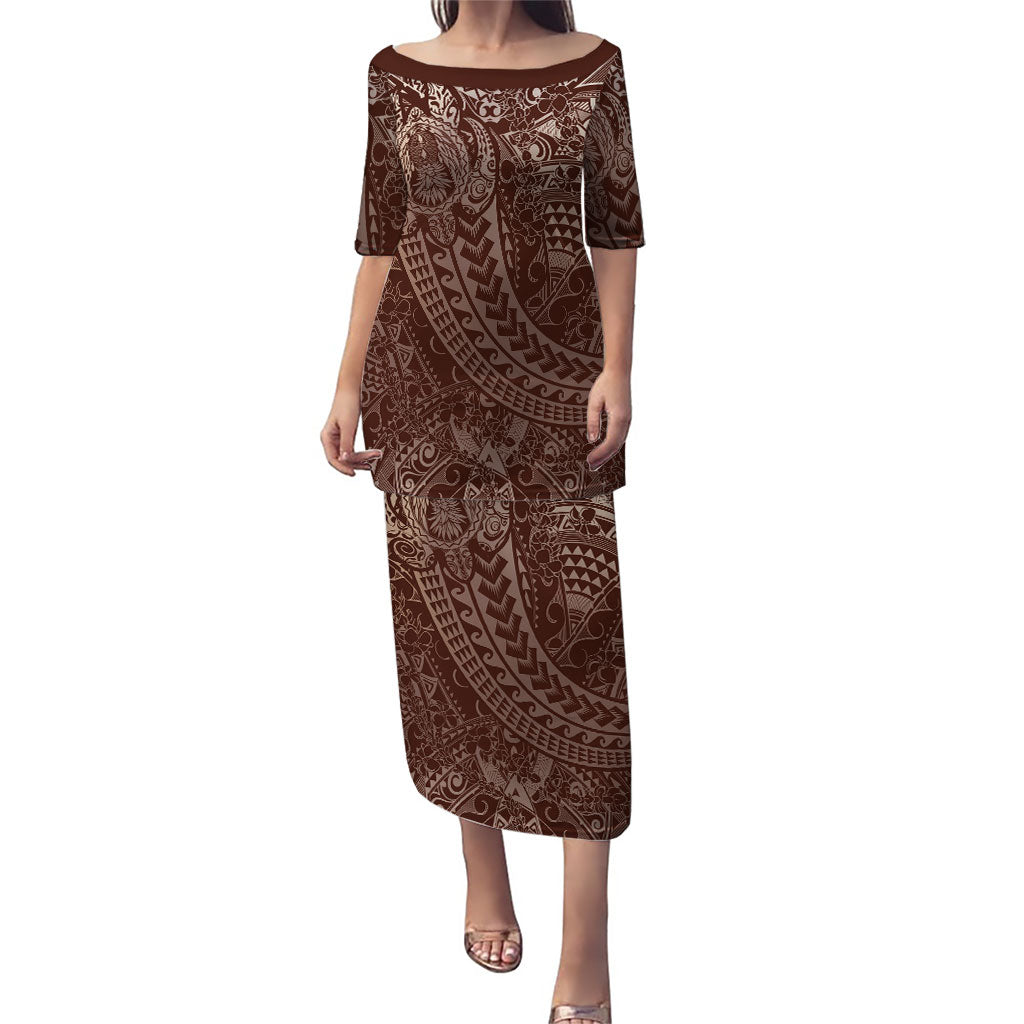 Hawaiian Turtles and Leis Family Matching Puletasi and Hawaiian Shirt Tribal Kakau Pattern Mocha Mousse Color LT03 Mom's Dress Mocha Mousse - Polynesian Pride