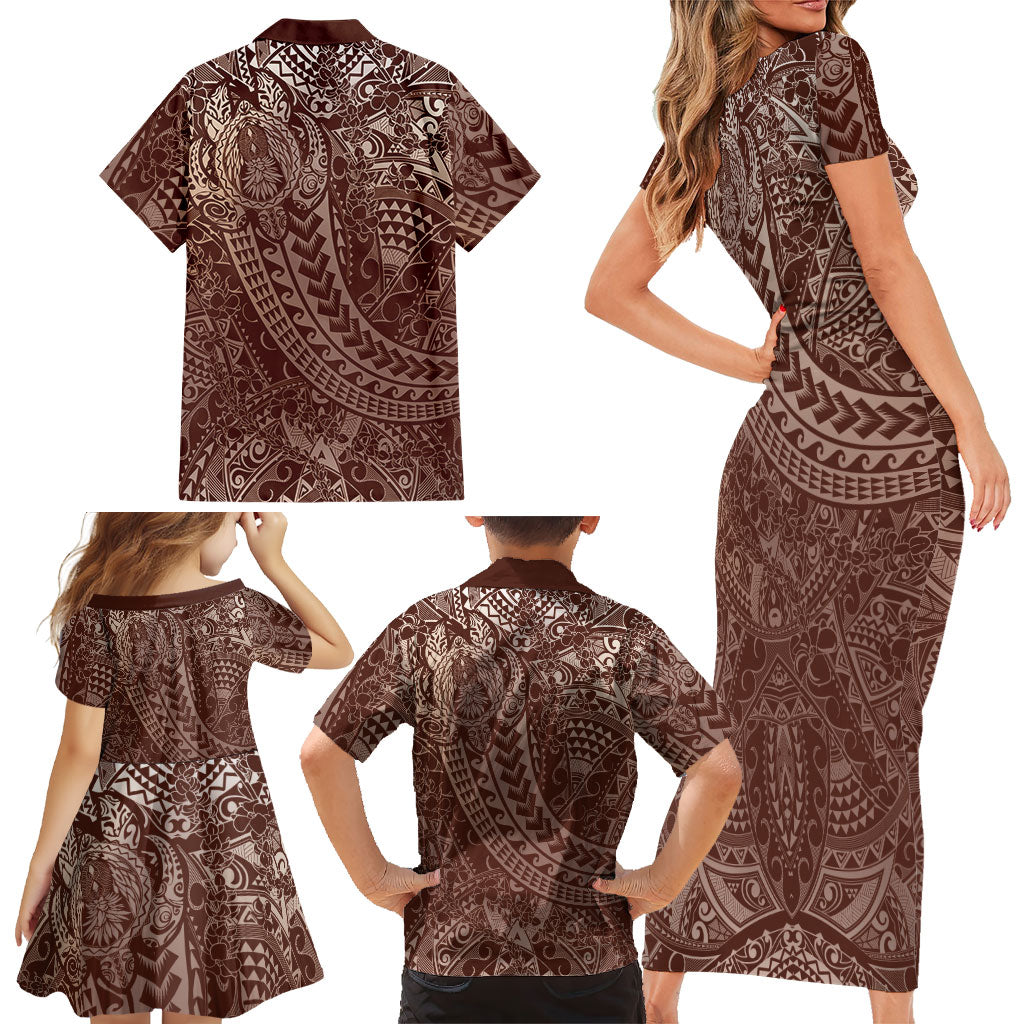 Hawaiian Turtles and Leis Family Matching Short Sleeve Bodycon Dress and Hawaiian Shirt Tribal Kakau Pattern Mocha Mousse Color LT03 - Polynesian Pride