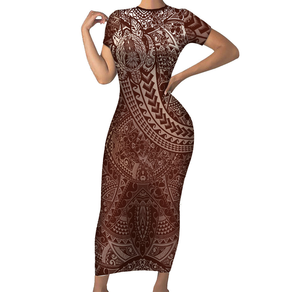 Hawaiian Turtles and Leis Family Matching Short Sleeve Bodycon Dress and Hawaiian Shirt Tribal Kakau Pattern Mocha Mousse Color LT03 Mom's Dress Mocha Mousse - Polynesian Pride