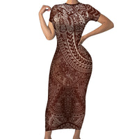 Hawaiian Turtles and Leis Family Matching Short Sleeve Bodycon Dress and Hawaiian Shirt Tribal Kakau Pattern Mocha Mousse Color LT03 Mom's Dress Mocha Mousse - Polynesian Pride