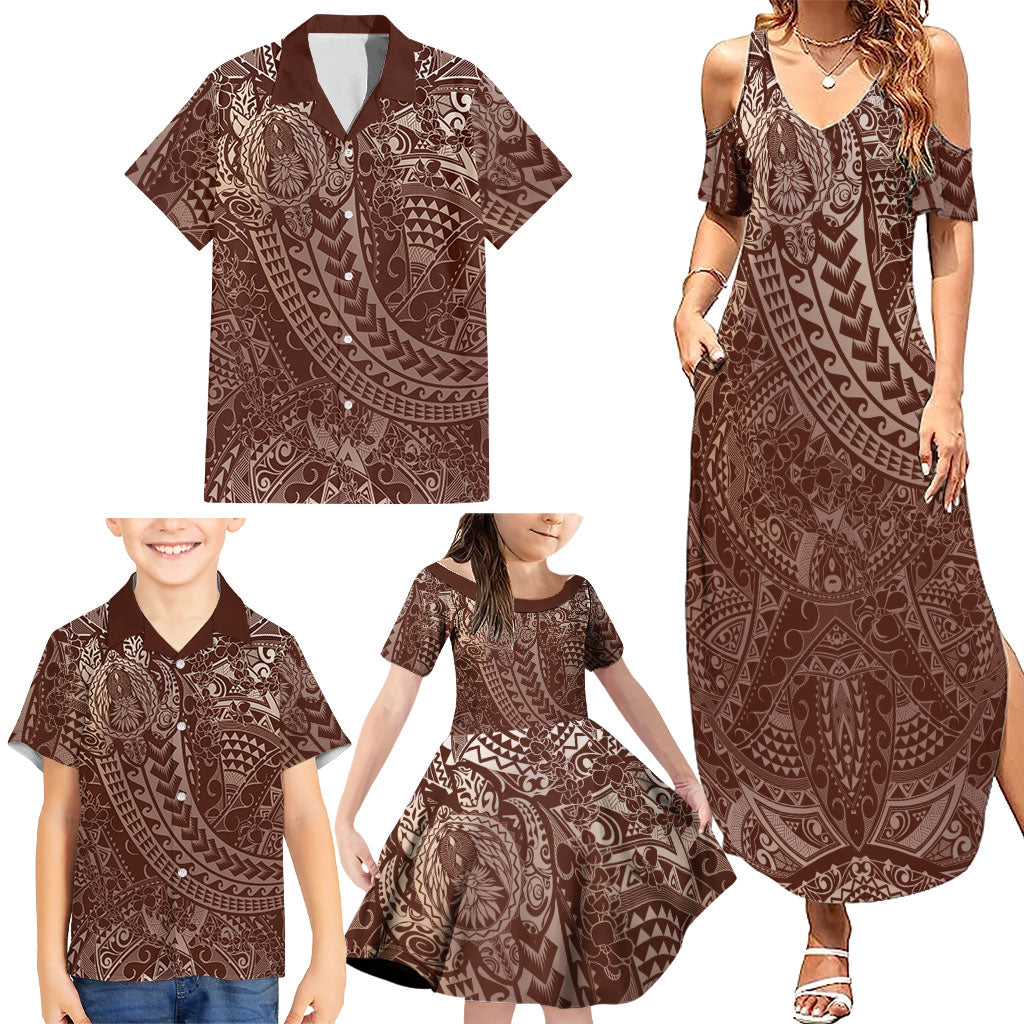 Hawaiian Turtles and Leis Family Matching Summer Maxi Dress and Hawaiian Shirt Tribal Kakau Pattern Mocha Mousse Color LT03 - Polynesian Pride