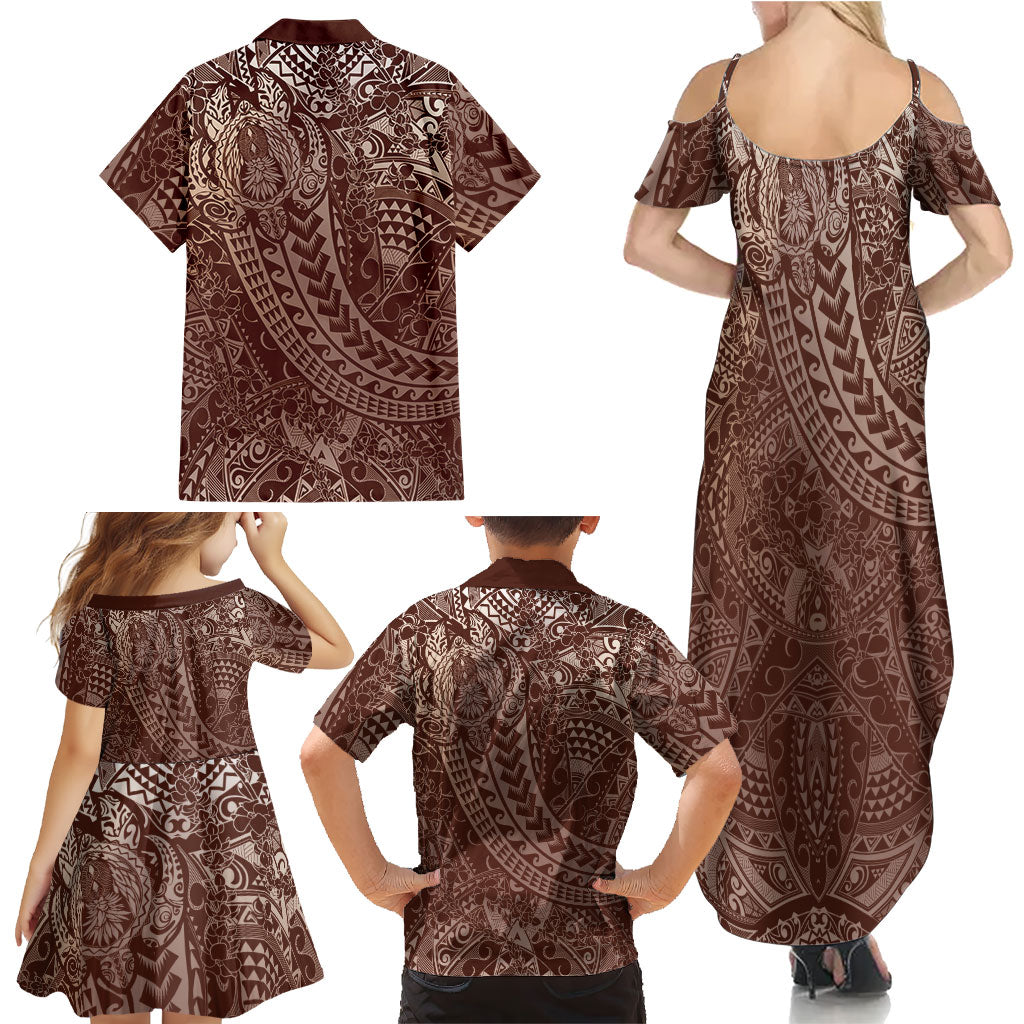 Hawaiian Turtles and Leis Family Matching Summer Maxi Dress and Hawaiian Shirt Tribal Kakau Pattern Mocha Mousse Color LT03 - Polynesian Pride
