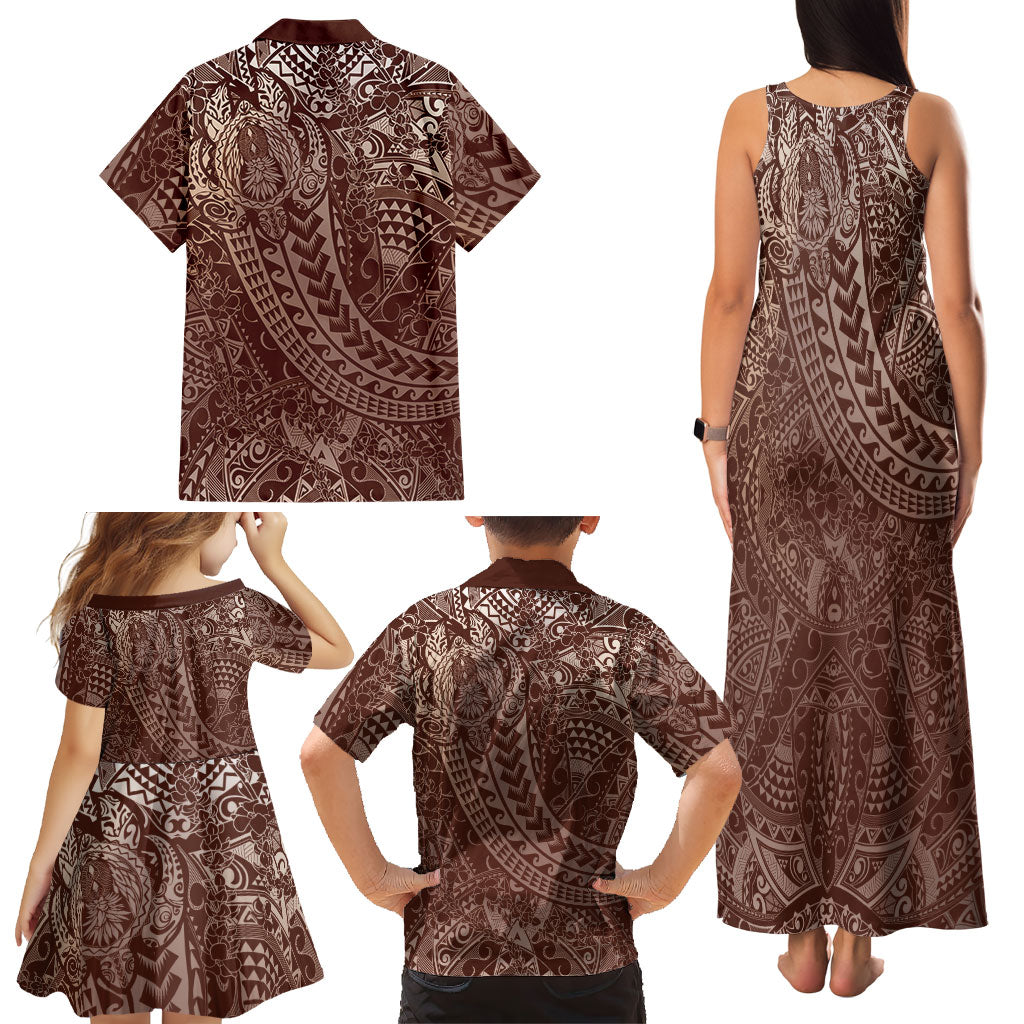 Hawaiian Turtles and Leis Family Matching Tank Maxi Dress and Hawaiian Shirt Tribal Kakau Pattern Mocha Mousse Color LT03 - Polynesian Pride