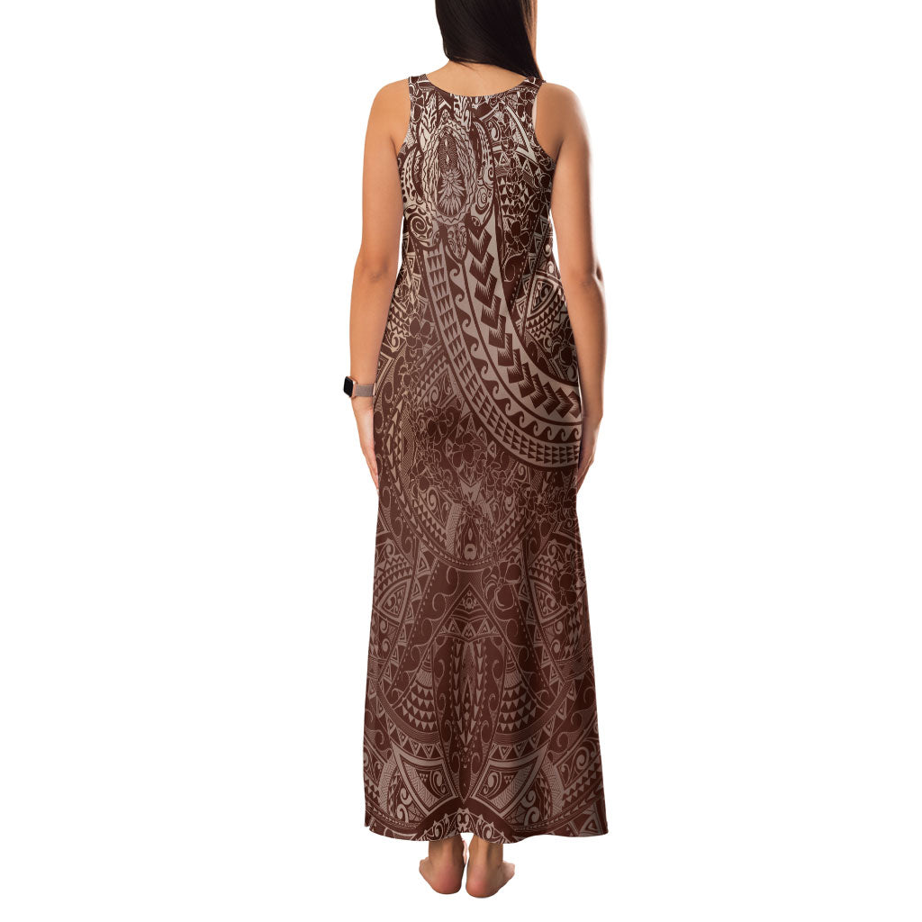 Hawaiian Turtles and Leis Family Matching Tank Maxi Dress and Hawaiian Shirt Tribal Kakau Pattern Mocha Mousse Color LT03 - Polynesian Pride