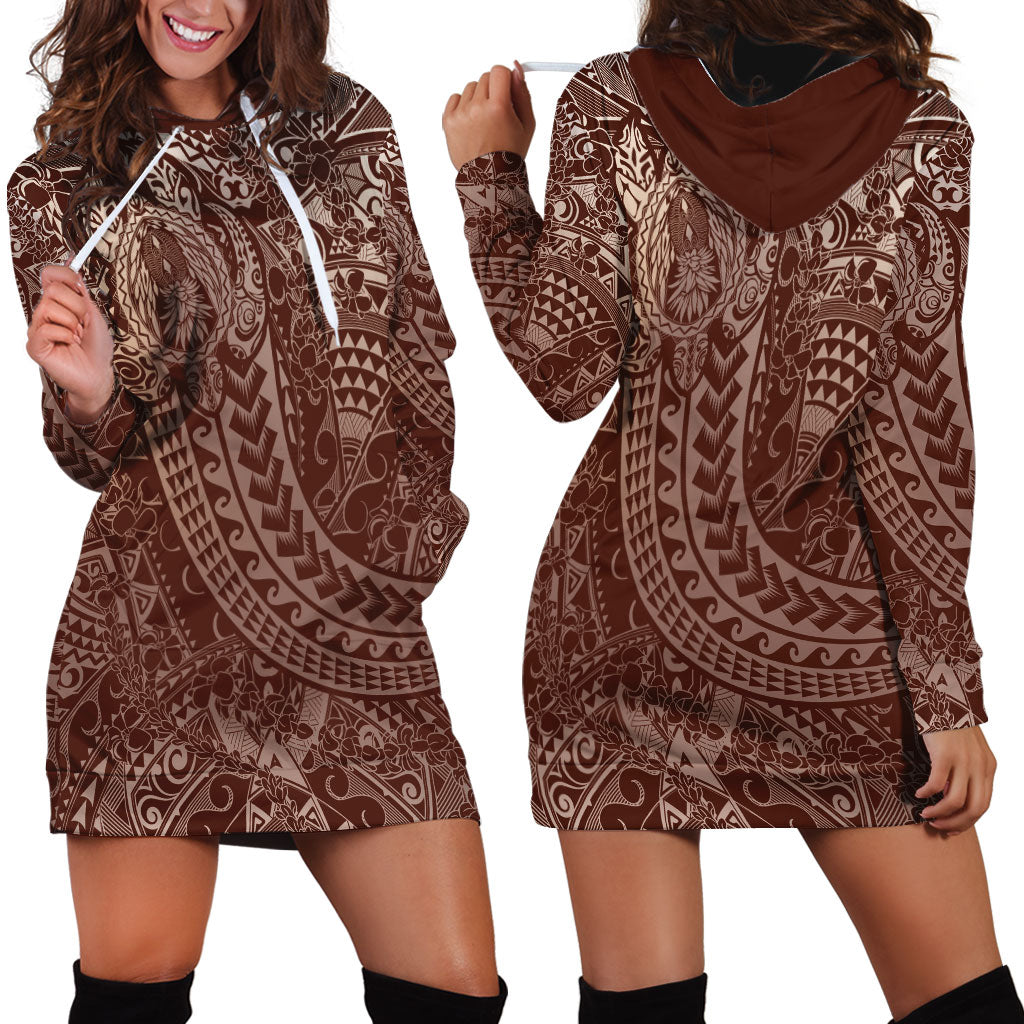 Hawaiian Turtles and Leis Hoodie Dress Tribal Kakau Pattern Mocha Mousse Color LT03 - Polynesian Pride