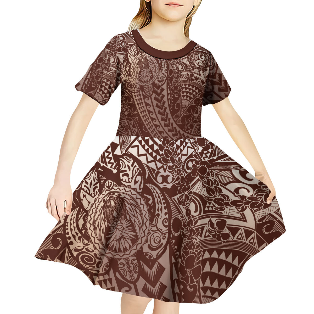 Hawaiian Turtles and Leis Kid Short Sleeve Dress Tribal Kakau Pattern Mocha Mousse Color LT03 - Polynesian Pride