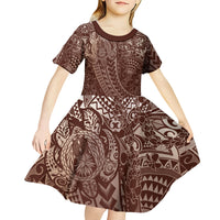 Hawaiian Turtles and Leis Kid Short Sleeve Dress Tribal Kakau Pattern Mocha Mousse Color LT03 - Polynesian Pride