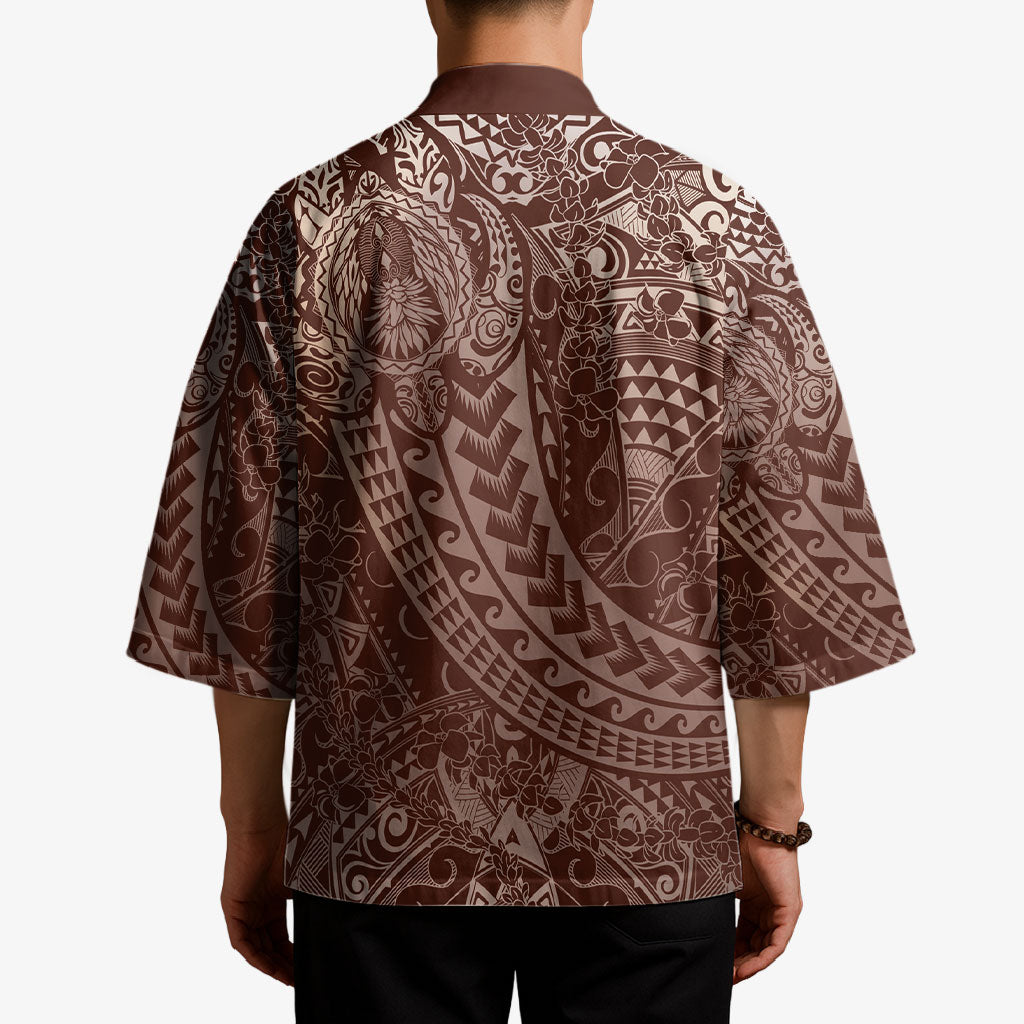 Hawaiian Turtles and Leis Kimono Tribal Kakau Pattern Mocha Mousse Color LT03 - Polynesian Pride