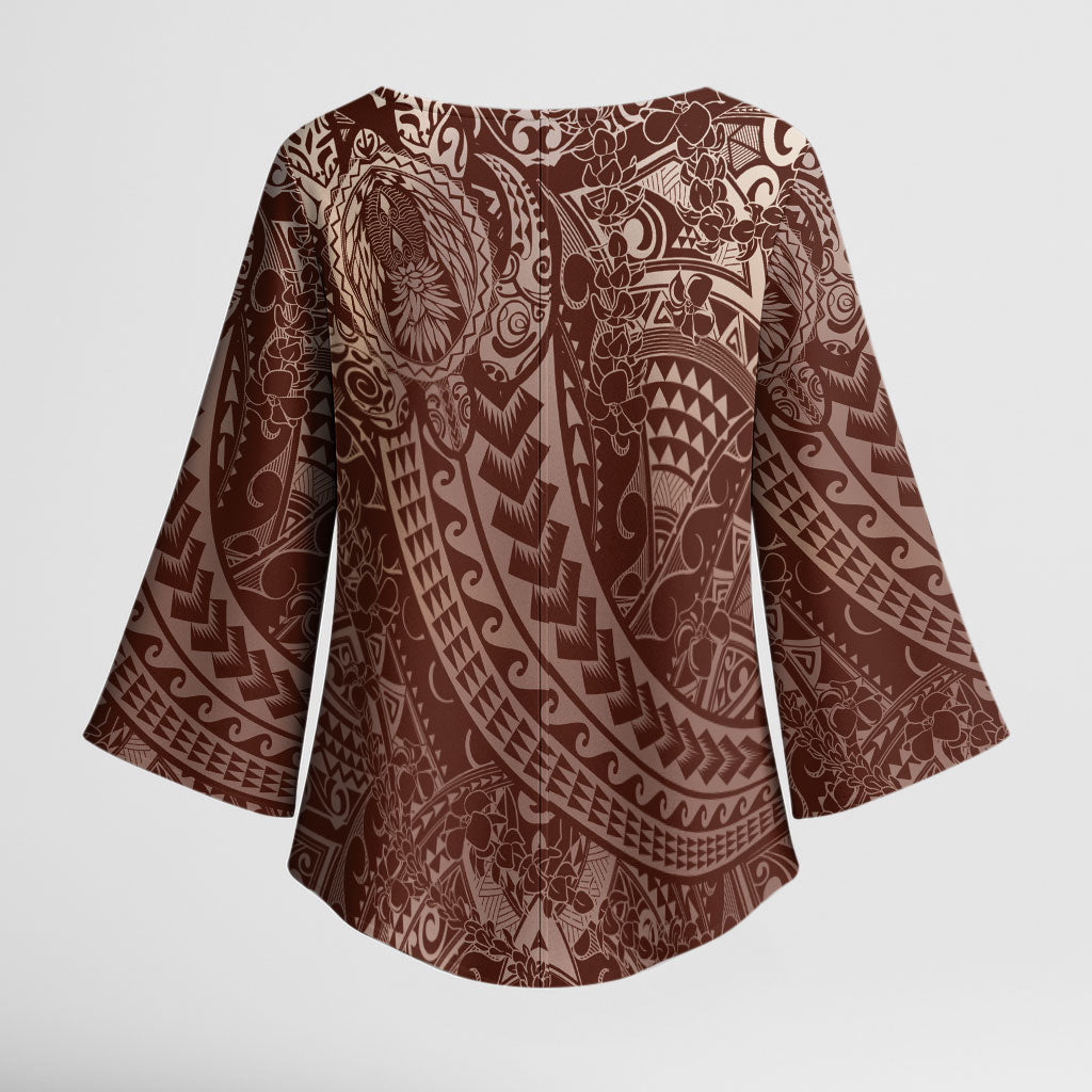 Hawaiian Turtles and Leis Kimono Sleeve Blouse Tribal Kakau Pattern Mocha Mousse Color LT03 - Polynesian Pride