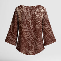 Hawaiian Turtles and Leis Kimono Sleeve Blouse Tribal Kakau Pattern Mocha Mousse Color LT03 - Polynesian Pride