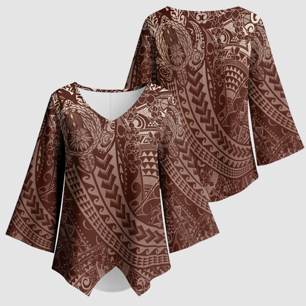 Hawaiian Turtles and Leis Kimono Sleeve Blouse Tribal Kakau Pattern Mocha Mousse Color LT03 - Polynesian Pride