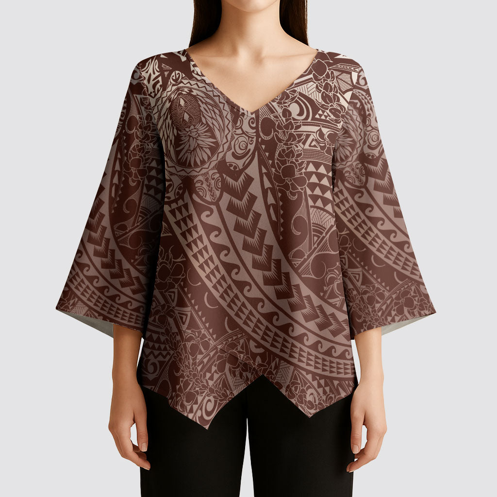 Hawaiian Turtles and Leis Kimono Sleeve Blouse Tribal Kakau Pattern Mocha Mousse Color LT03 - Polynesian Pride