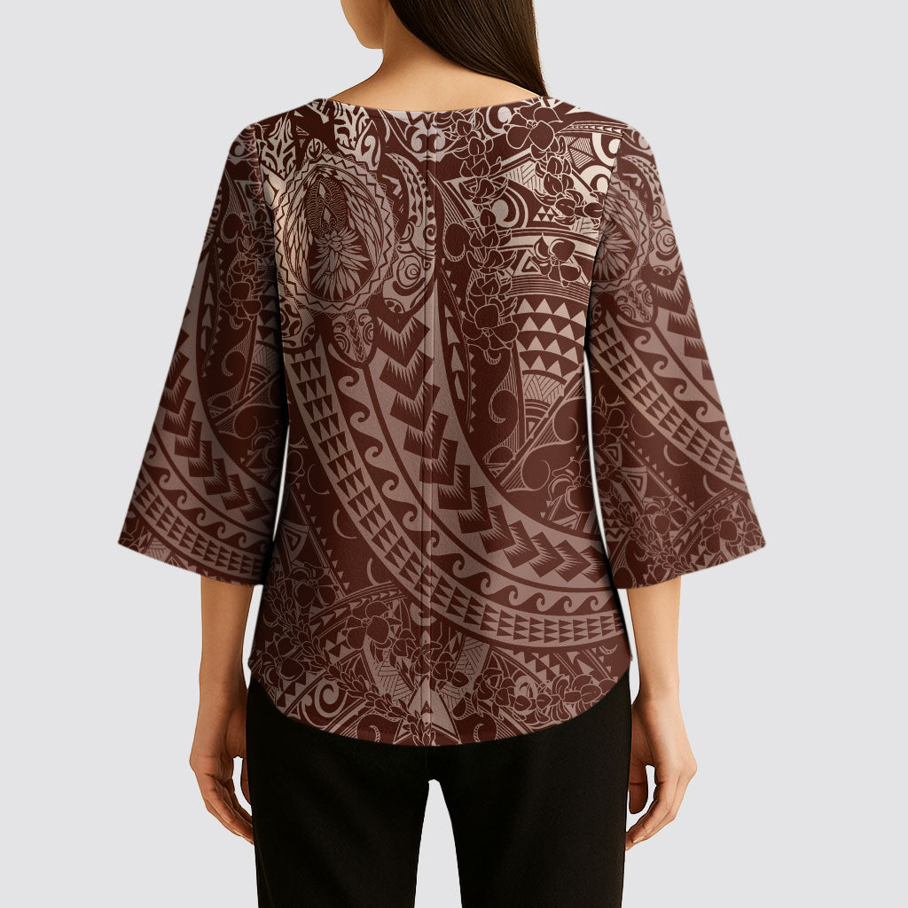 Hawaiian Turtles and Leis Kimono Sleeve Blouse Tribal Kakau Pattern Mocha Mousse Color LT03 - Polynesian Pride
