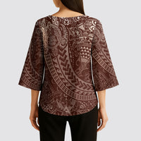 Hawaiian Turtles and Leis Kimono Sleeve Blouse Tribal Kakau Pattern Mocha Mousse Color LT03 - Polynesian Pride