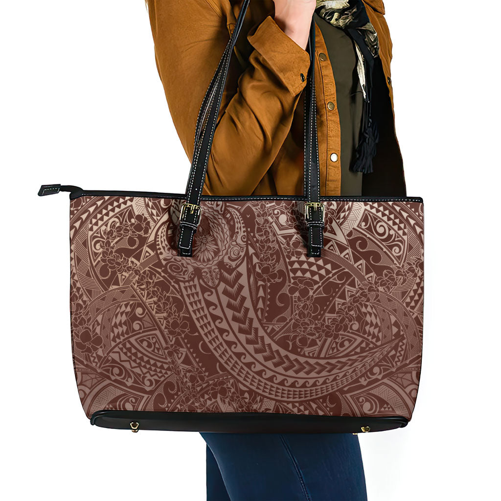 Hawaiian Turtles and Leis Leather Tote Bag Tribal Kakau Pattern Mocha Mousse Color LT03 - Polynesian Pride