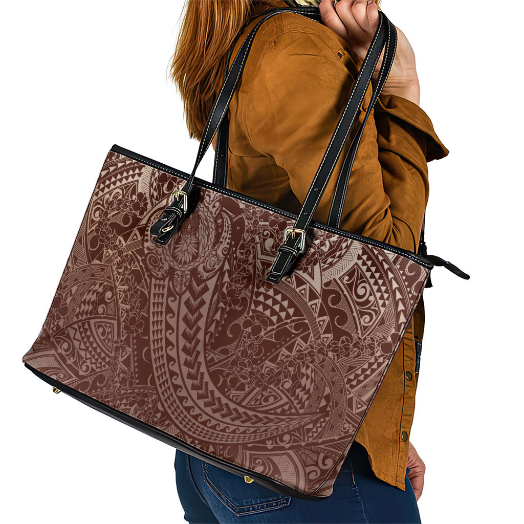 Hawaiian Turtles and Leis Leather Tote Bag Tribal Kakau Pattern Mocha Mousse Color LT03 - Polynesian Pride