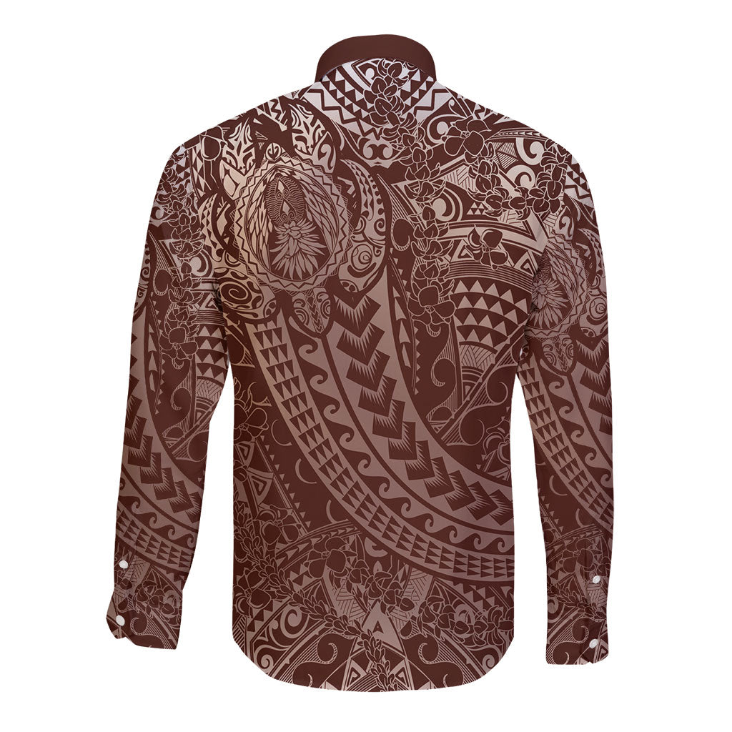 Hawaiian Turtles and Leis Long Sleeve Button Shirt Tribal Kakau Pattern Mocha Mousse Color LT03 - Polynesian Pride
