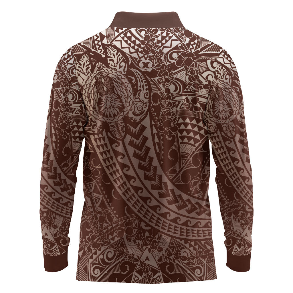 Hawaiian Turtles and Leis Long Sleeve Polo Shirt Tribal Kakau Pattern Mocha Mousse Color LT03 - Polynesian Pride