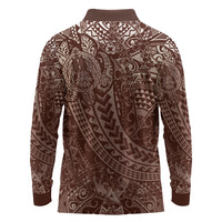 Hawaiian Turtles and Leis Long Sleeve Polo Shirt Tribal Kakau Pattern Mocha Mousse Color LT03 - Polynesian Pride