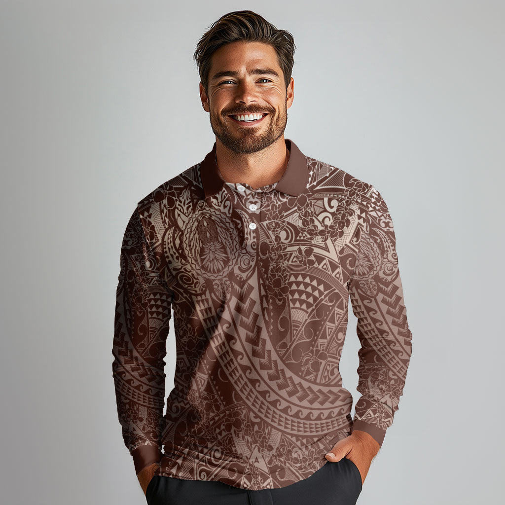 Hawaiian Turtles and Leis Long Sleeve Polo Shirt Tribal Kakau Pattern Mocha Mousse Color LT03 - Polynesian Pride