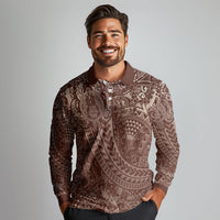 Hawaiian Turtles and Leis Long Sleeve Polo Shirt Tribal Kakau Pattern Mocha Mousse Color LT03 - Polynesian Pride